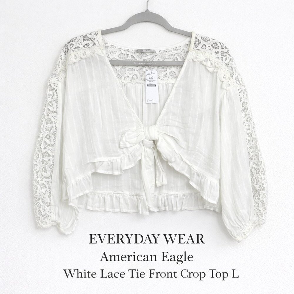 NWT American Eagle White Lace Tie Front Crop Top L Boho Coquette